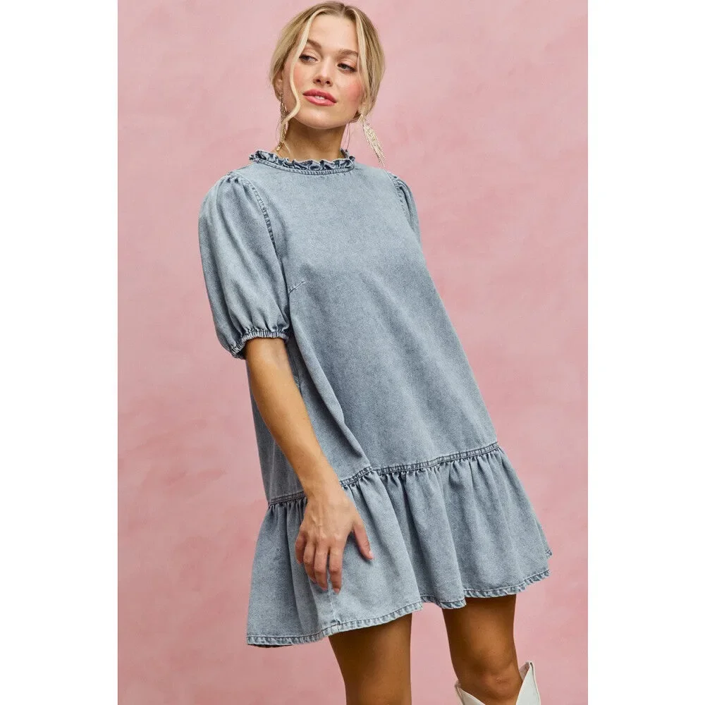 SO ME Denim Short Sleeves Mini Tiered Dress - Picture 9 of 15